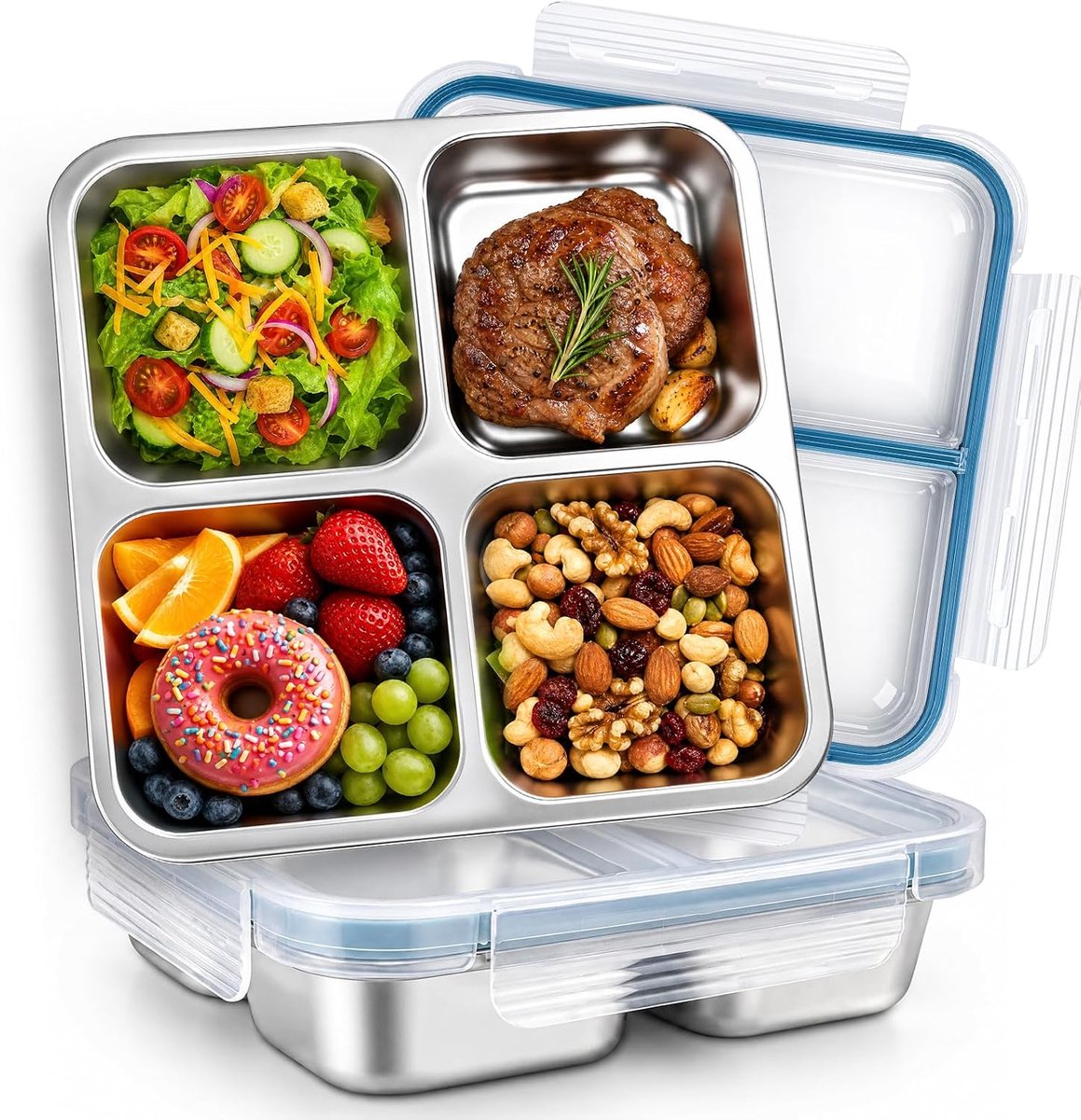2 stuks 720 ml snackbox met vakken, roestvrij staal, broodtrommel voor kinderen en volwassenen, lekvrije lunchbox met deksel voor school, werk en camping