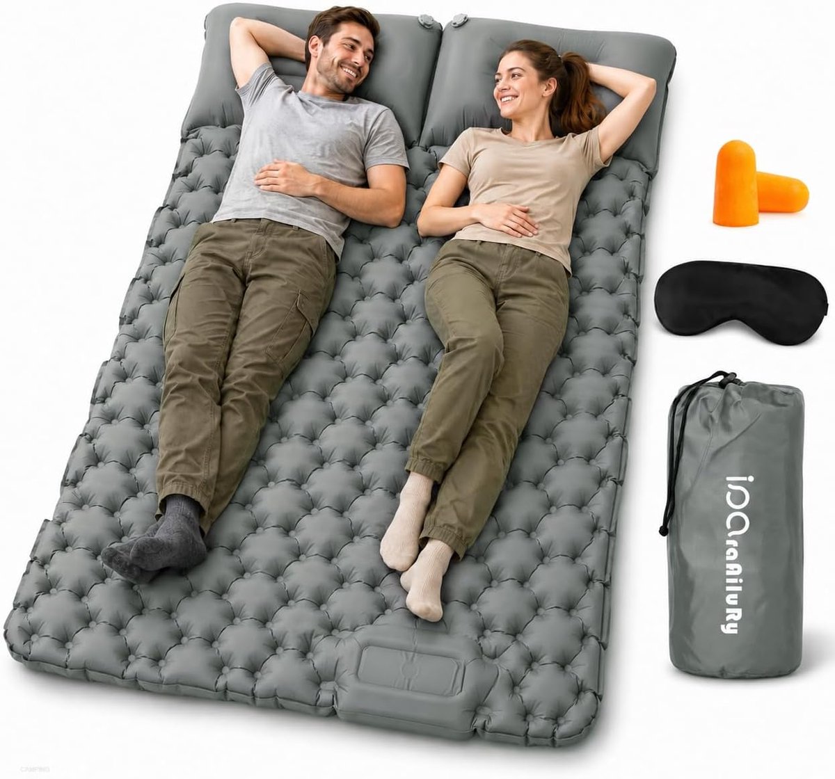 2 Persoons Camping Slaapmat met Kussen | Ingebouwde voetpomp, snel opblazen, licht en draagbaar voor reizen, kamperen, wandelen en trekking