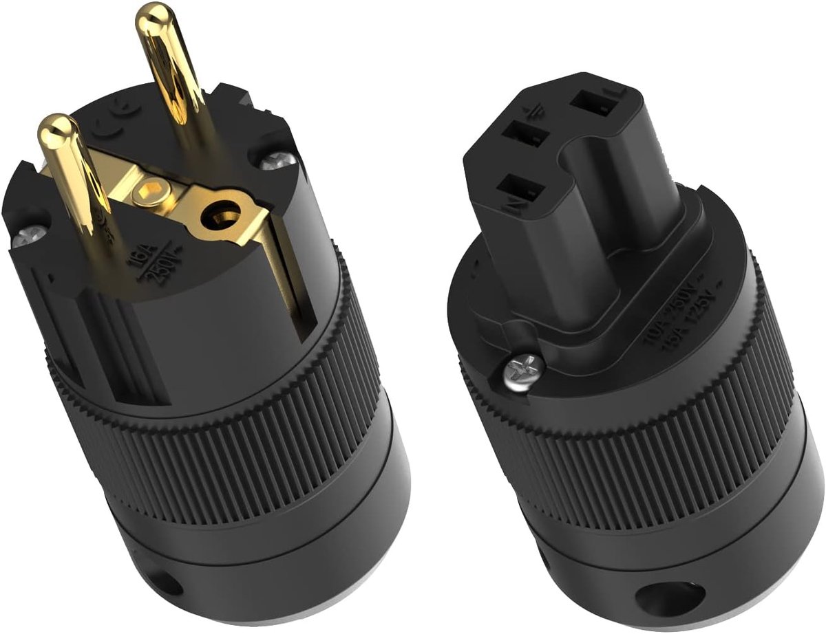1 paar messing vergulde high-end veiligheidsstekker + koudapparaatstekker, koppeling voor netsnoer tot 18 mm diameter geschikt (verguld, PE)