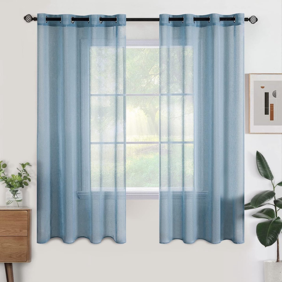 Gordijn, transparant, woonkamer, met ogen, 2 stuks, 140 x 160 cm, donkerblauw | Semi-transparant gordijn voor woonkamer en slaapkamer, licht, helder en decoratief.
