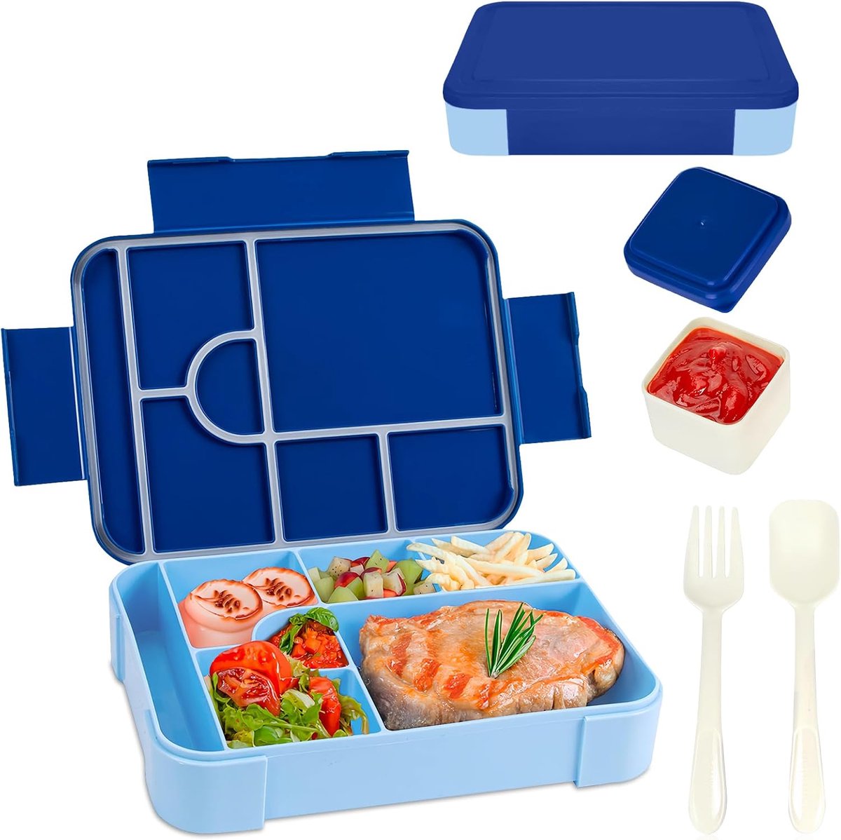 Bento Lunchbox 1330 ml, lekvrije bento-lunchboxen met 7 compartimenten en 1 saladedressingbakje, snackbox voor kinderen en volwassenen, voedselcontainer voor school, werk (blauw)