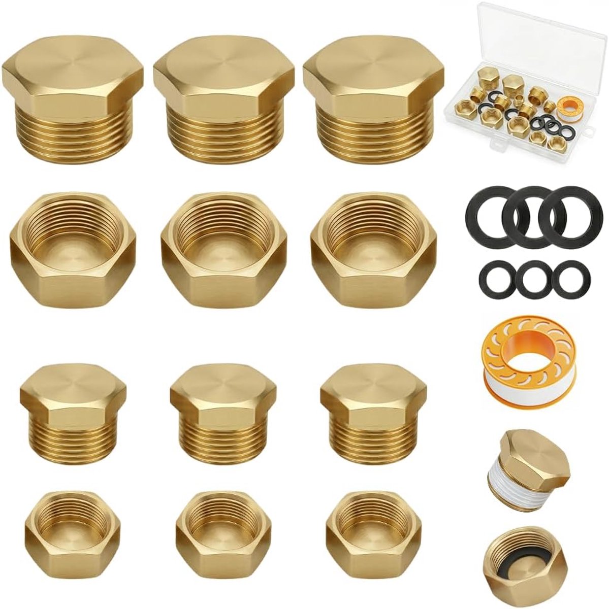 schroefdraaddoppen, 12 stuks, 15/21, 26/34 met binnen- en buitenschroefdraad, messing stop, voor badkamerslang en verwarmingssysteem (12, 3/8, 3/4)