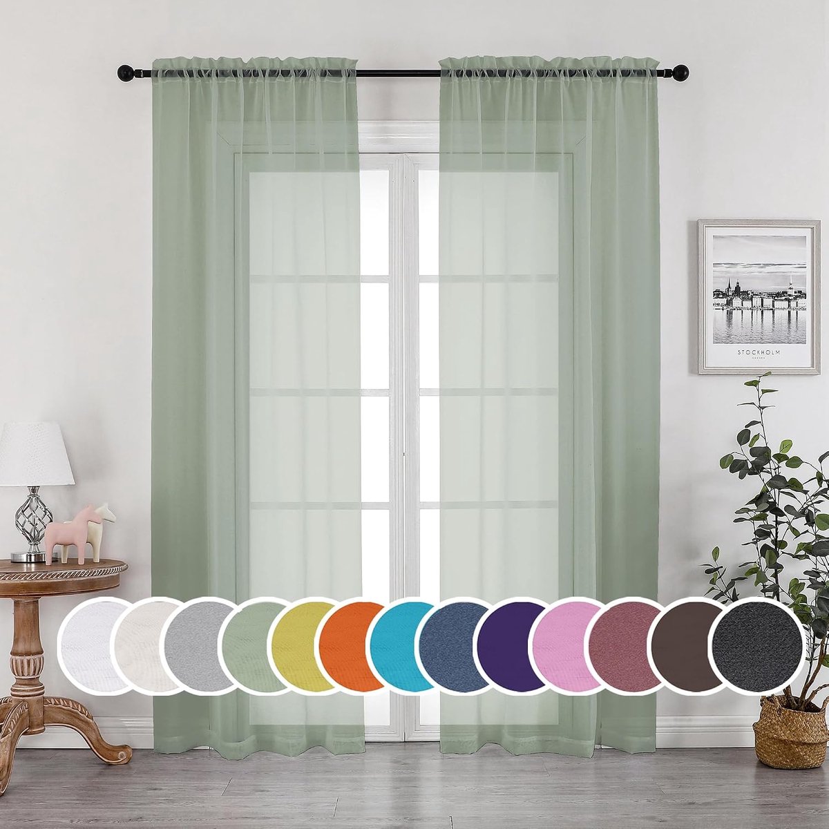 Saliegroen transparante gordijnen 96 inch lang, 2 panelen set, elegante transparante gordijnen voor slaapkamer woonkamer, 2 stuks van elk 107 cm B x 244 cm L, totaal breed 213 cm, saliegroen