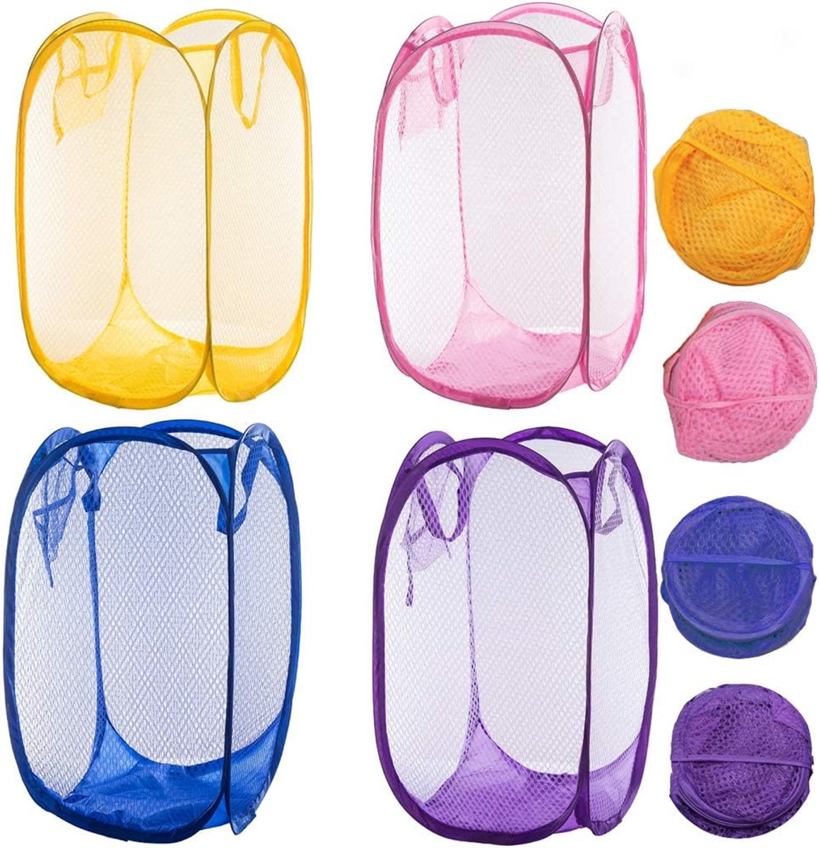 Mesh Popup Wasmand, 4 stuks opvouwbare draagbare vuile kledingmand voor slaapkamer, kinderkamer, studentenslaapzaal en reizen (geel, roze, paars, donkerblauw)