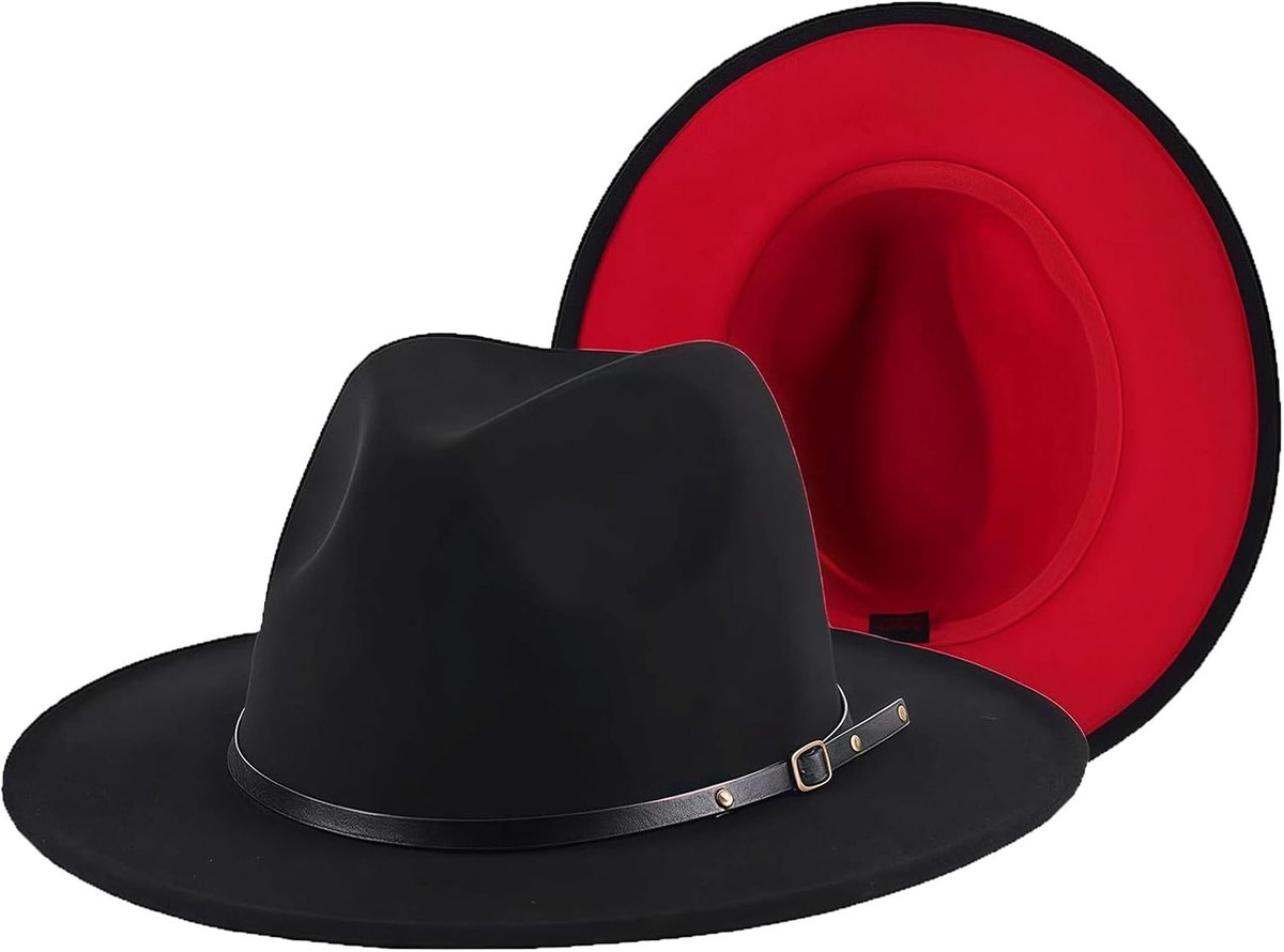 Two Tone Brede Rand Fedora Hoeden Vilt Panama Cap met Riem Gesp voor Vrouwen Mannen Zwart