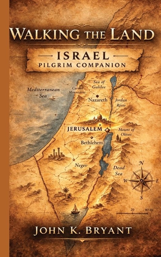 Boekcover 'Walking the Land - Israel Pilgrim Companion'. Een kaart van Israël met belangrijke locaties.
