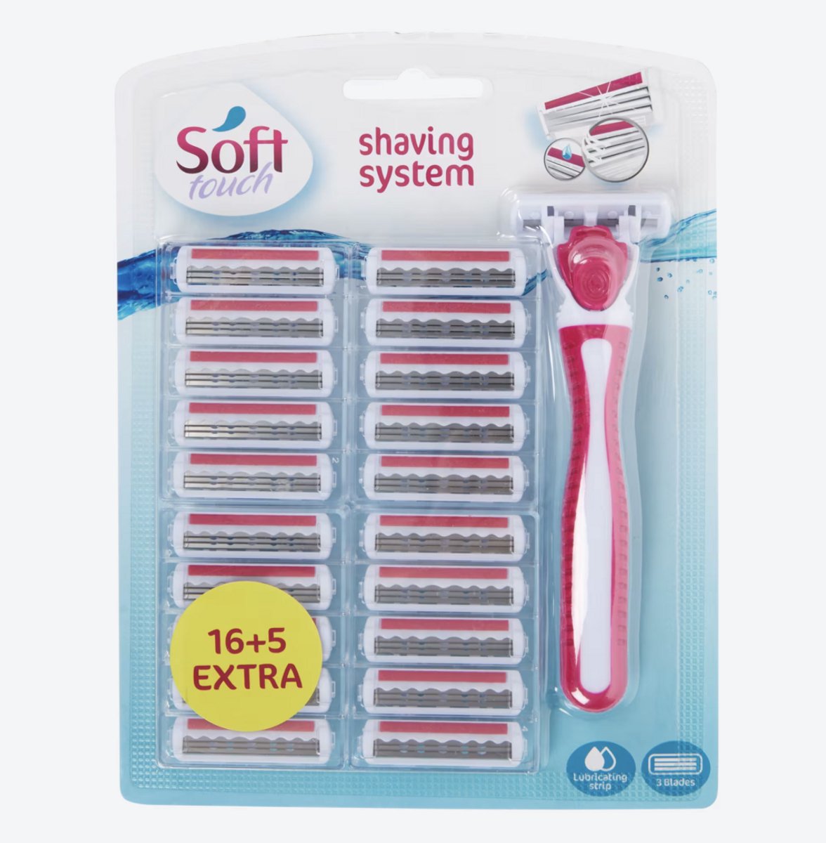 Soft Touch Scheersysteem – Scheermes met 21 Scheercassettes (16+5) – 3 Bladen en Glijstrip – Roze/Wit