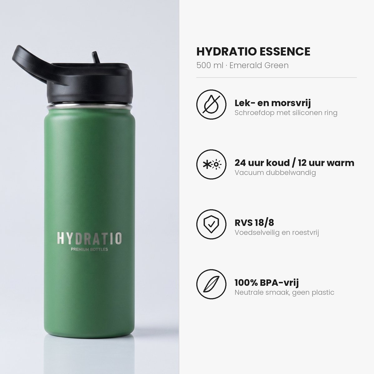 Hydratio Essence Thermosfles 500 ML Groen – Drinkfles 0,5 Liter RVS Dubbelwandig – Waterfles Lekvrij & BPA-Vrij – Isoleerfles 24 Uur Koud 12 Uur Warm – Thermosbeker Travel Mug Koffie Thee – Sport School Werk Cadeau – Emerald Green thumbnail 3