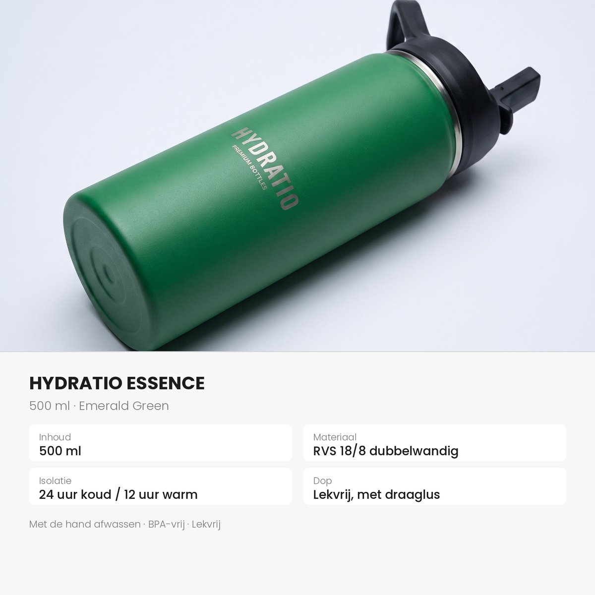 Hydratio Essence Thermosfles 500 ML Groen – Drinkfles 0,5 Liter RVS Dubbelwandig – Waterfles Lekvrij & BPA-Vrij – Isoleerfles 24 Uur Koud 12 Uur Warm – Thermosbeker Travel Mug Koffie Thee – Sport School Werk Cadeau – Emerald Green thumbnail 2
