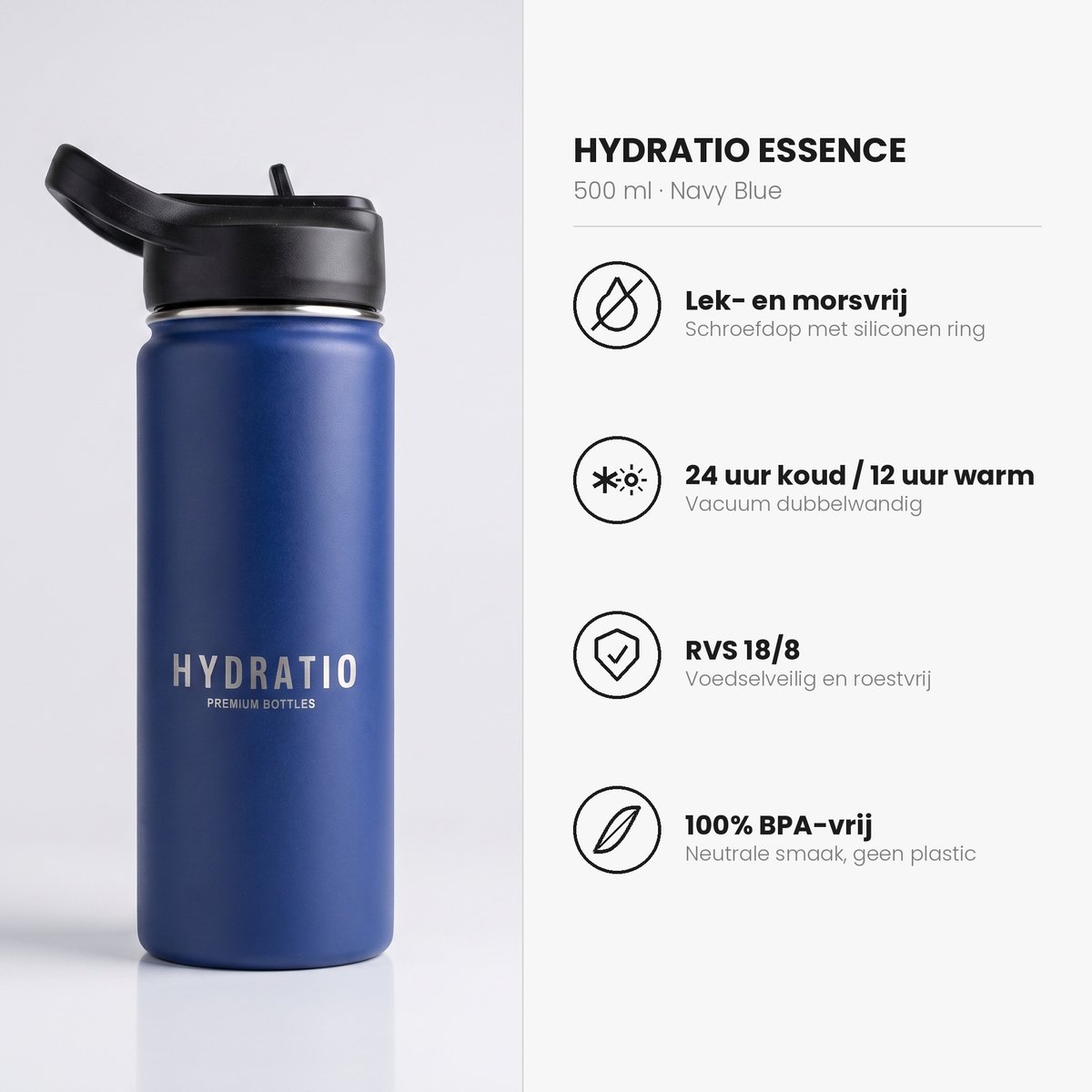 Hydratio Essence Thermosfles 500 ML Blauw – Drinkfles 0,5 Liter RVS Dubbelwandig – Waterfles Lekvrij & BPA-Vrij – Isoleerfles 24 Uur Koud 12 Uur Warm – Thermosbeker Travel Mug Koffie Thee – Sport School Werk Cadeau – Navy Blue thumbnail 3