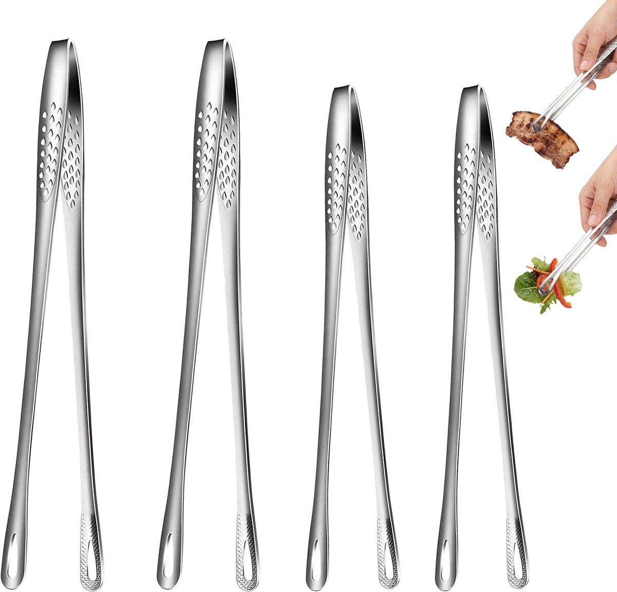 4 stuks kookpincetten, roestvrij staal, 28 cm × 2 stuks + 24 cm × 2 stuks, roestvrijstalen keukentang, antislip, afgeronde punten, geschikt voor grillen, serveren en bakken