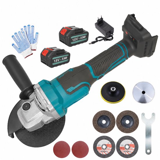 18V accuschuurmachine 125mm – borstelloze motor met 2x 5.5Ah accu's, geschikt voor metaal, slijpen en tegels