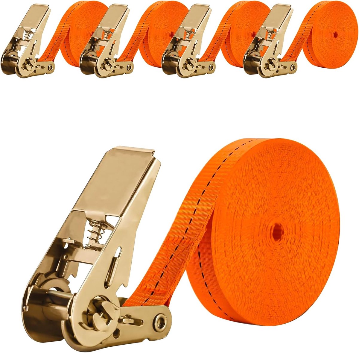 Spanbanden, 4 stuks, sjorbanden met ratel, 2,5 cm x 8 m, verstelbare spanbanden, bevestigingsriem, belastbaar tot 1000 kg, voor bagage, motorfiets, fietsen, imperiaal, transportband, oranje