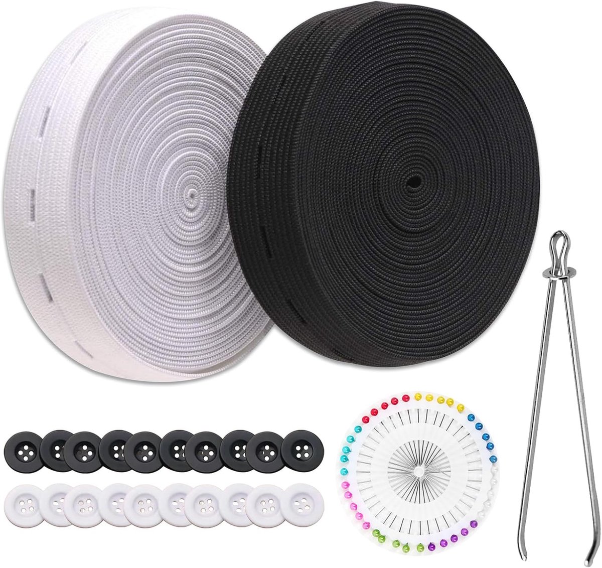 naaibandspoel met knoopsgaten, 2 rollen 10 meter elastische naairkels, 8,9 cm brede elastische band voor naaien met spelden en liniaal, ideaal voor doe-het-zelf taillebanden en