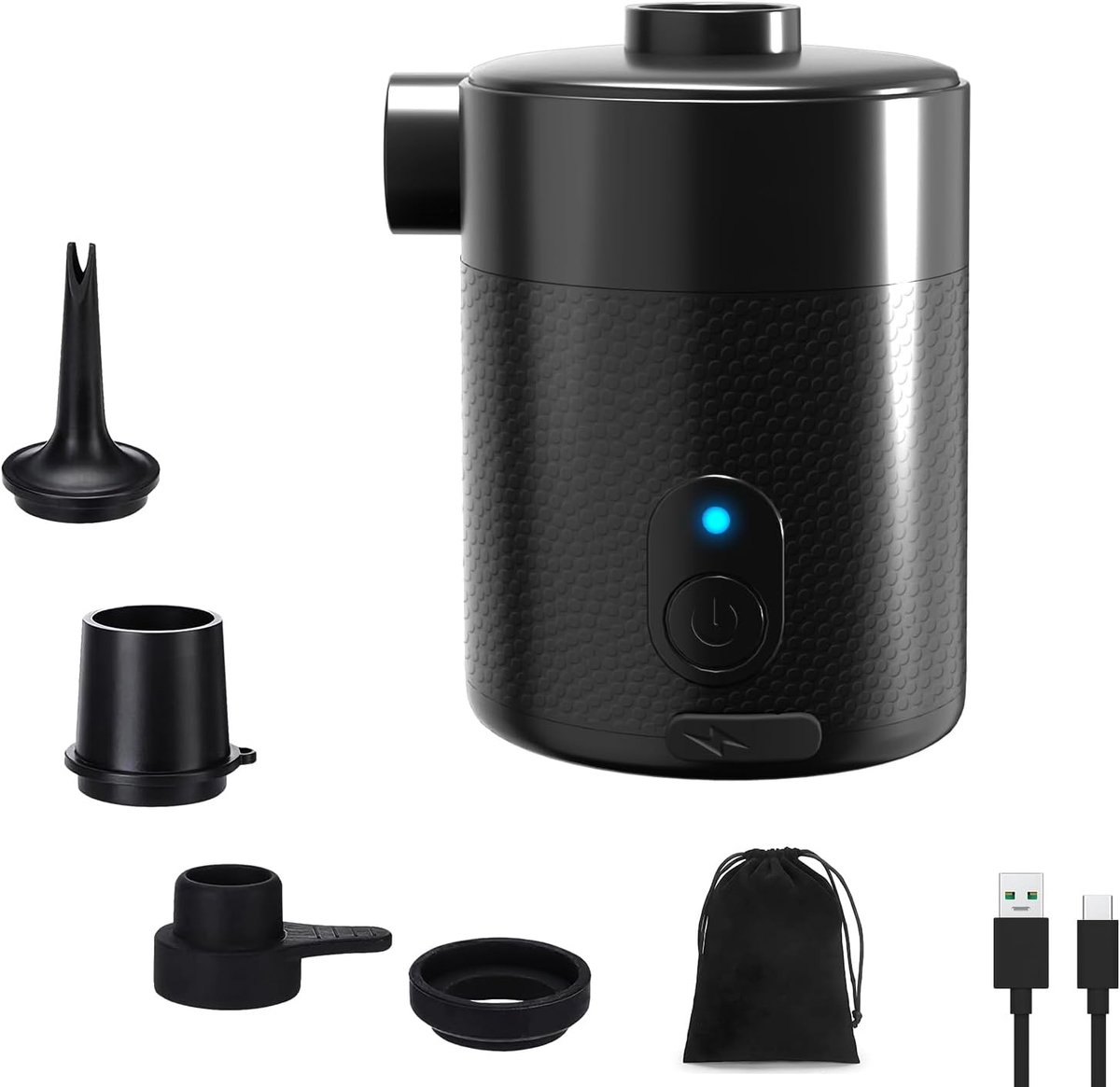 Elektrische Luchtpomp Accu 4000 Mah – Draagbaar, 5000 Pa, 450 L/Min,s, Ophlazen & Afzuigen, 4 Mondstukken Voor Luchtbed, Opblaasboot, Kamperen, Zwembad & Vacuümzakken