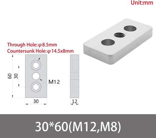 (10 stuks) 3060 Serie M12, M8 Aluminiumlegering Vierkante Basisplaten Verbindingshoekbeugel voor Aluminium Extrusie Profiel — afbeelding 5