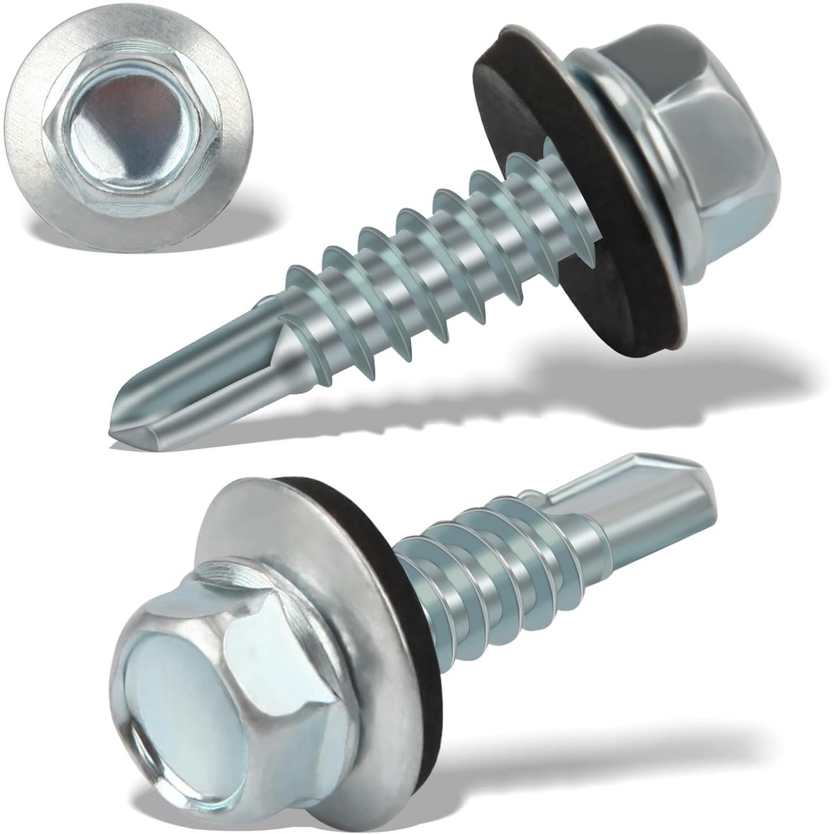 60 stuks trapeziumplaatschroeven, zelftappende schroeven, 6,3 x 25 mm, zeskant, met afdichtring, verzinkt, plaatschroeven, metaalschroeven (zilver)