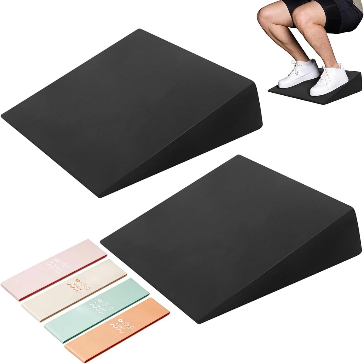 set van 2, squat wedge, kuitstrekker, schuine board, mobilisatiewig, met 5 fitnessbanden, kniewig beenstretcher, schuine plank, yogablokken, kniebuigingshelling voor kniebuigingen en