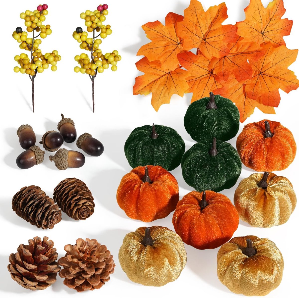 Stoffen pompoenset, decoratie, 25 stuks, herfst, kunstmatige esdoornbladeren, oogst, pompoenen, , dennenkegel en oranje bessen, stengeldecoraties voor herfst, Thanksgiving, tafel, thuis