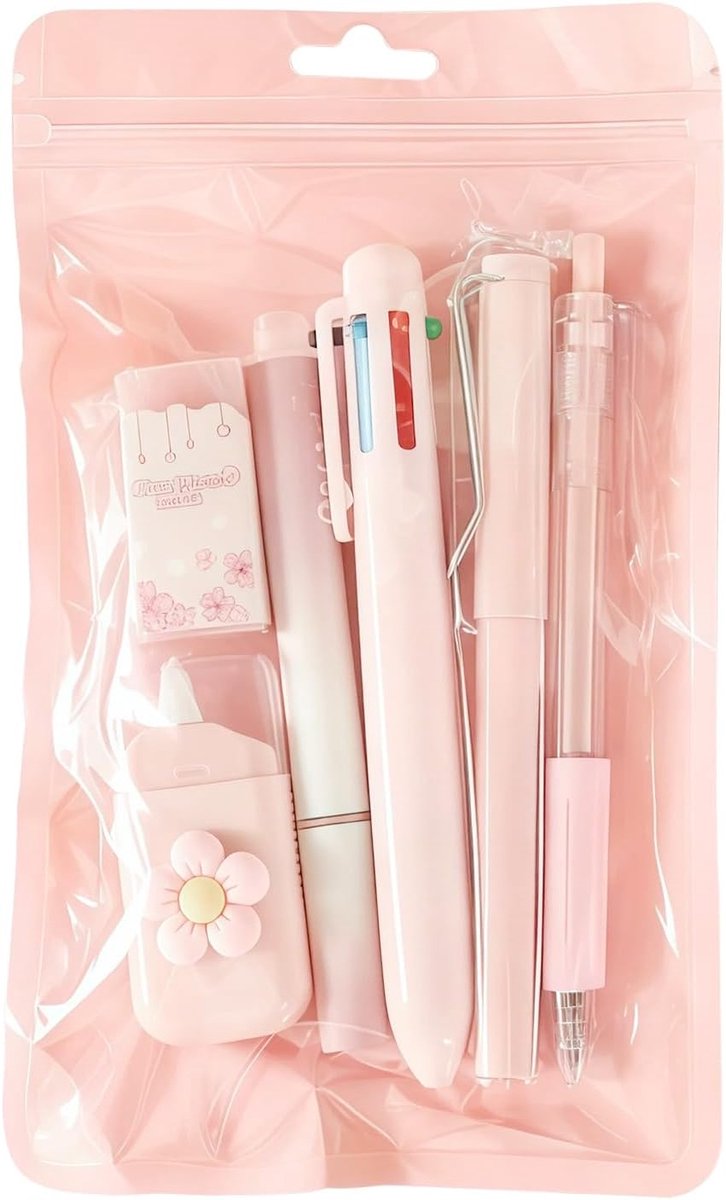 6-delige Roze Schrijfwaren Set - Esthetische Kantoor- & Schoolbenodigdheden met Gelpen, Markeerstift, Balpen, Vulpotlood, Correctietape