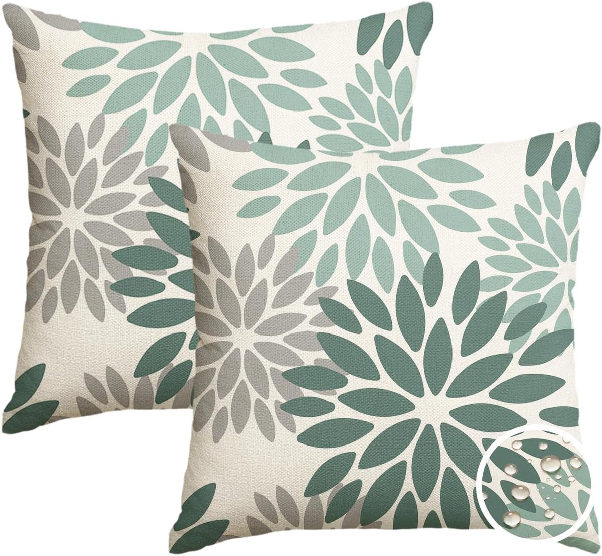 Mode Watergroene dahlia-bloemen, zomer, waterdichte kussenslopen, set van 2, 40 x 40 cm, ademende sierkussensloop, outdoor kussen, decoratie