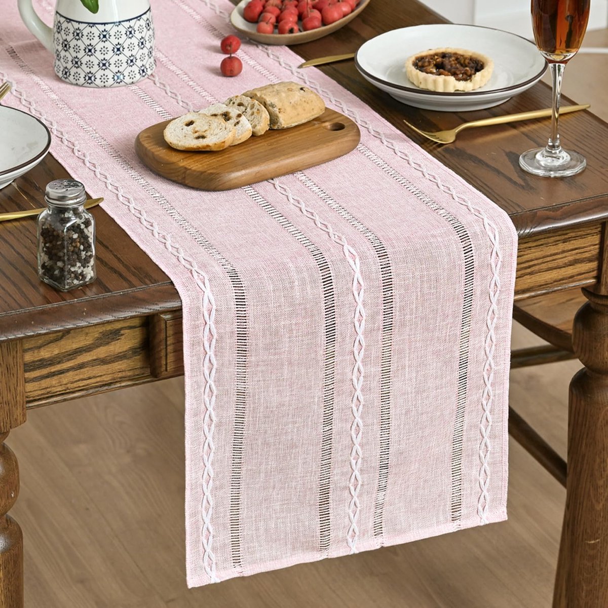 Mode Roze rustieke boerderij Boho tafelloper 33 x 230 cm, seizoensgebonden geborduurde holle keuken eettafel decoratie voor thuisfeest decoratie