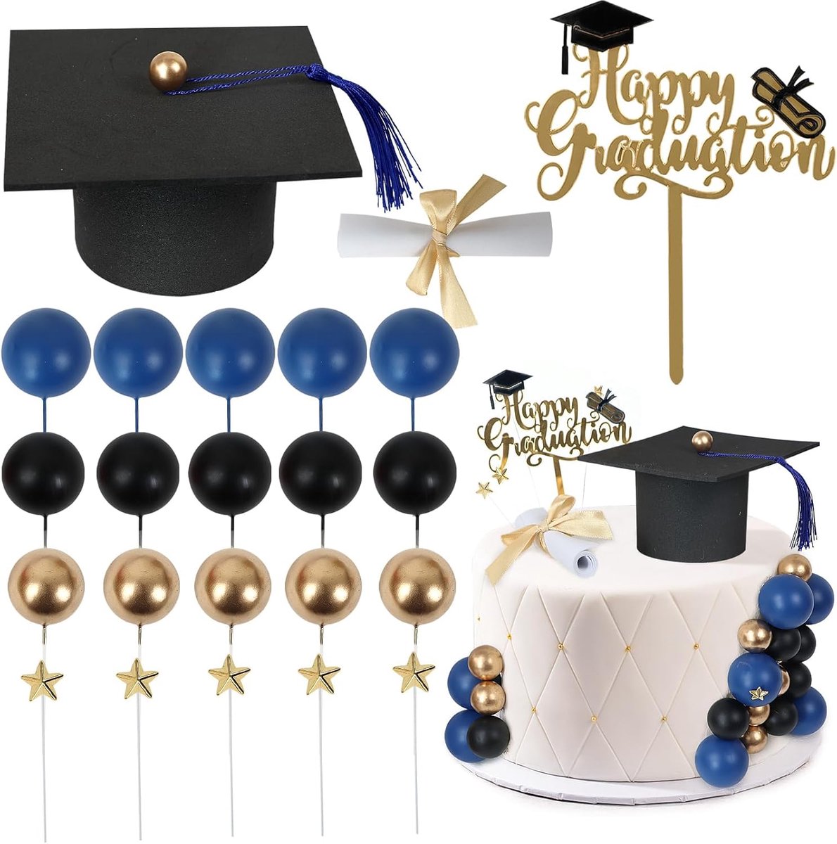 taarttopper, 23 stuks Afstudeer taartdecoratie, Afstudeer taartversiering, Bachelor hoed taarttopper, Examen cupcake decoratie, Afstudeer taartdecoratie voor geslaagde examens van alle