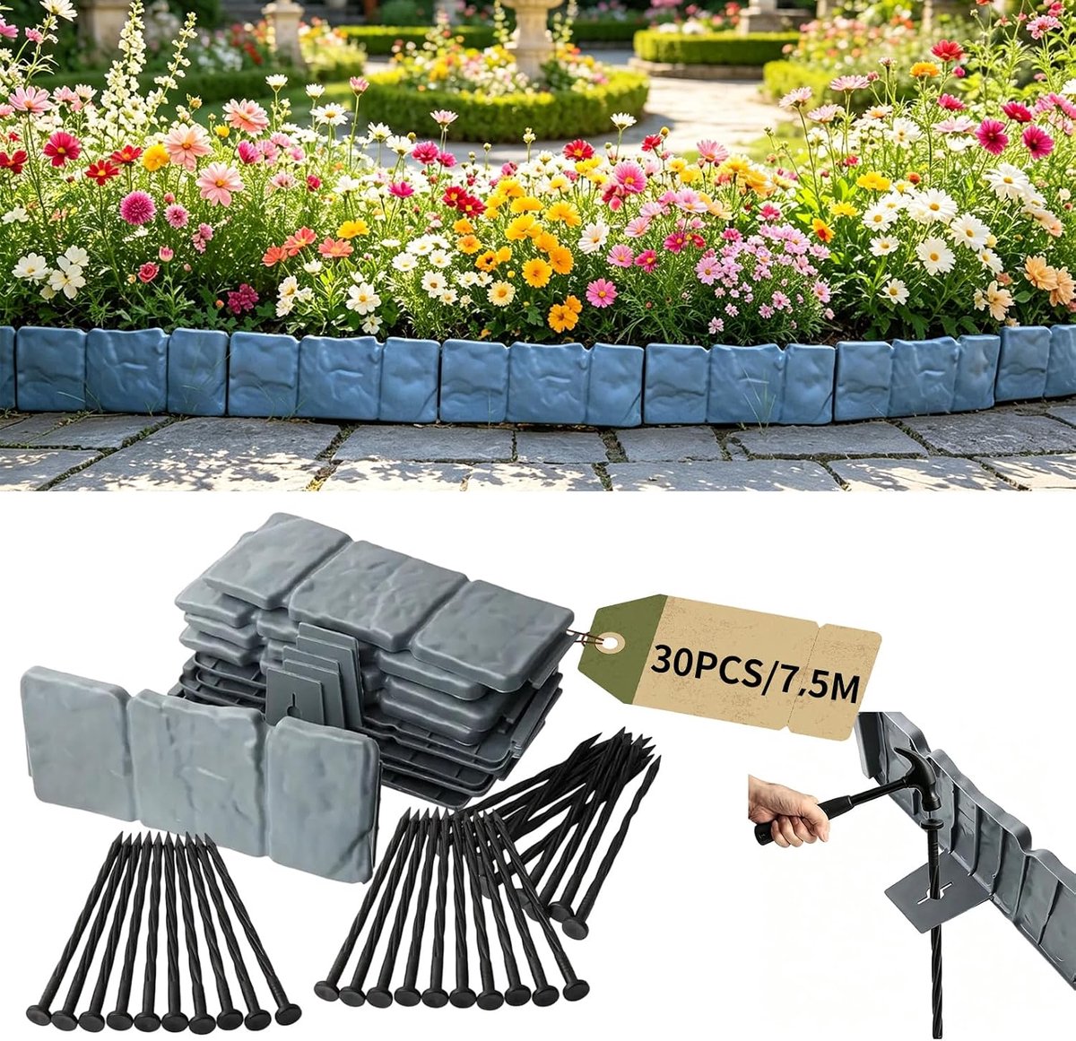 Tuinrand Voor Buiten, Set Van 30 Stuks Met Een Totale Lengte Van 7,5 M, Inclusief Pinnen, Voor Gazonranden En Tuinranden, Eenvoudige Installatie Zonder Grondwerk