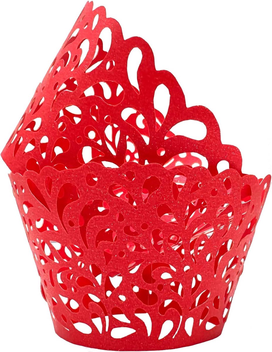 50 stuks cupcakewikkels waterdruppel uithollend artistiek bakken cakepapier kant lasergesneden voering bakbeker wraps muffin voor bruiloftsfeest verjaardag decoratie (rood)