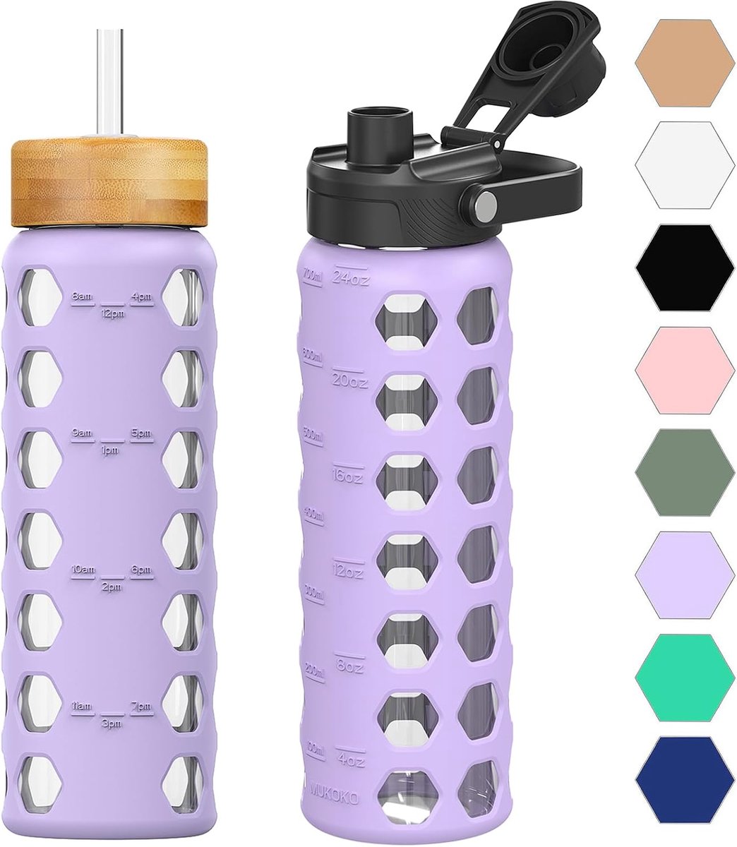 700 ml waterfles van glas met rietje en deksel, glazen fles met handvat, siliconen hoes met tijd- en waterindicator, BPA-vrij, paars