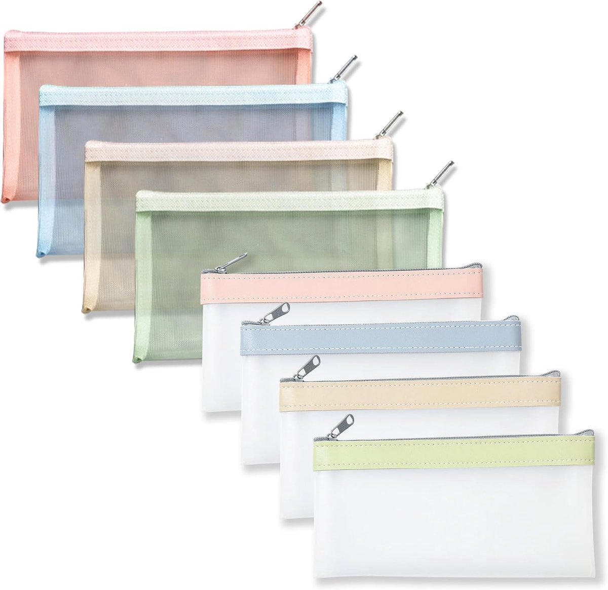 8 Stuks Transparant Etui, Meerkleurige Doorzichtige Etui, PU-Leer en Mesh Opbergtas voor Schrijfwaren Transparante Pennenetui voor School Kantoor en Reizen