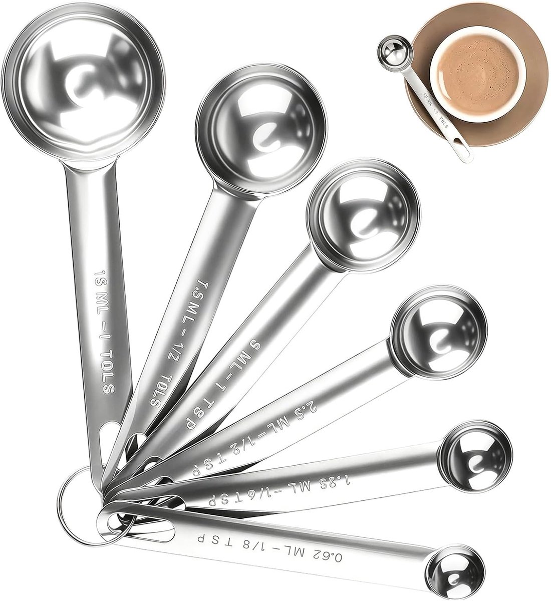 stalen maatlepels set, 6 stuks zware metalen maatlepels voor droge en vloeibare ingrediënten, inclusief 1/8, 1/4, 1/2, 1 theelepel, 1/2 eetlepel, 1 eetlepel, essentieel keukengereedschap