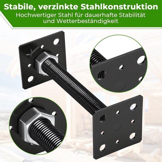 4 x in hoogte verstelbare paaldragers, 80 x 80 x 250 mm, zwart, thermisch verzinkte steunpoot, bodemplaat om vast te schroeven voor carport, pergola, omheining — afbeelding 3