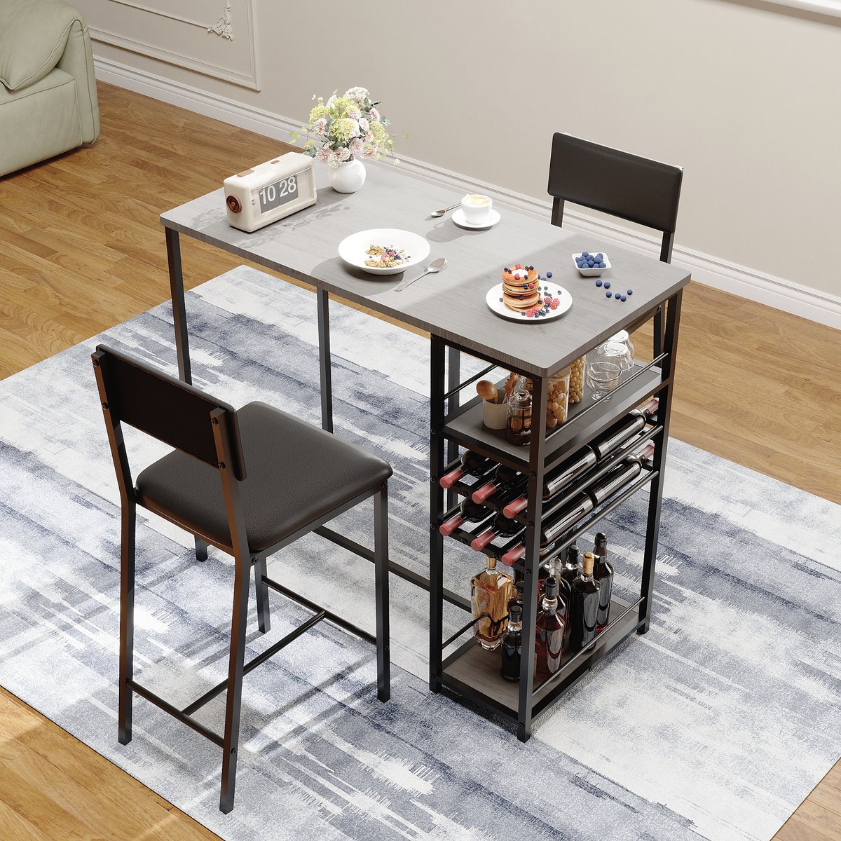 Ruimtebesparende 3-delige eettafelset voor 2 personen – modern industrieel ontwerp, gestoffeerde stoelen, 4-laags opbergschap, ingebouwd wijnrek en bekerhouder – ideaal voor kleine appartementen of eetkamers