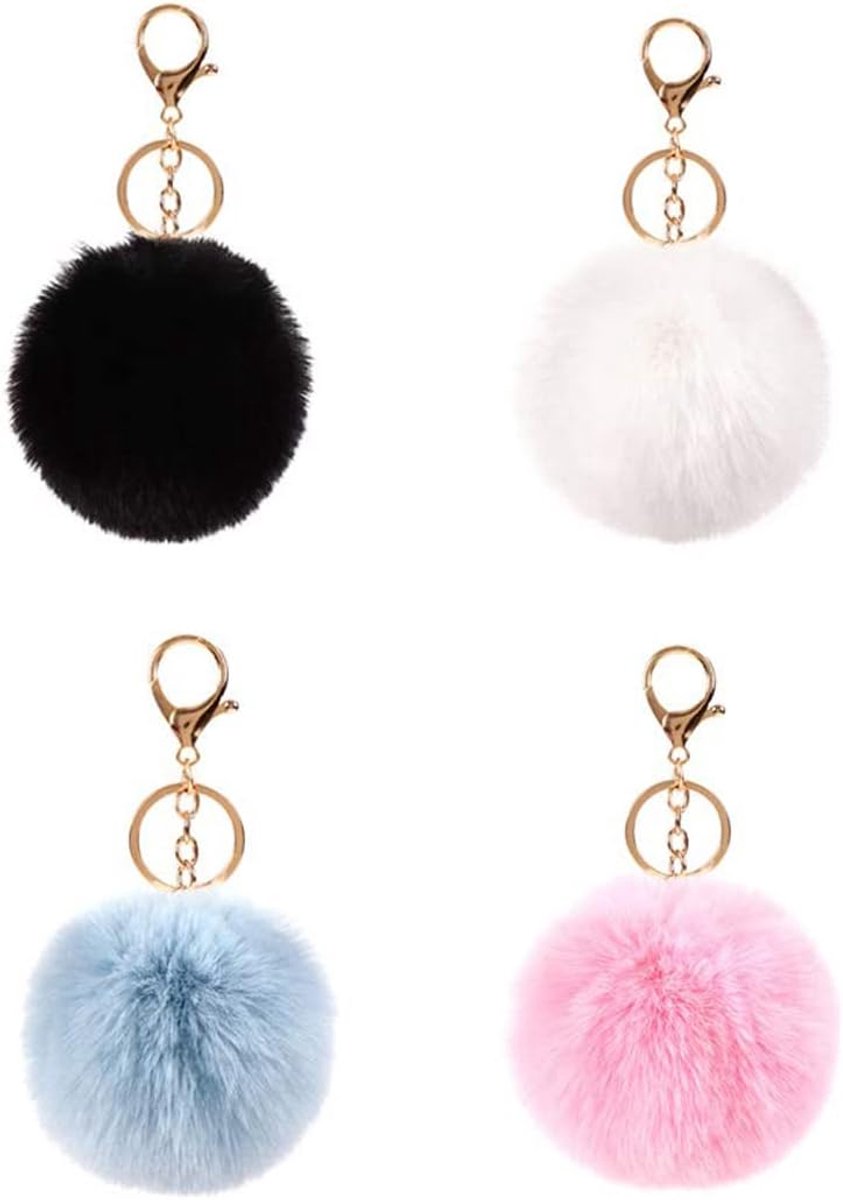 Sleutelhanger met pompon, 4 stuks, set voor maken, feestvullers, pop, pluizige bal, harige sleutelhanger, konijn nepbont, veelkleurig, voor vrouwen