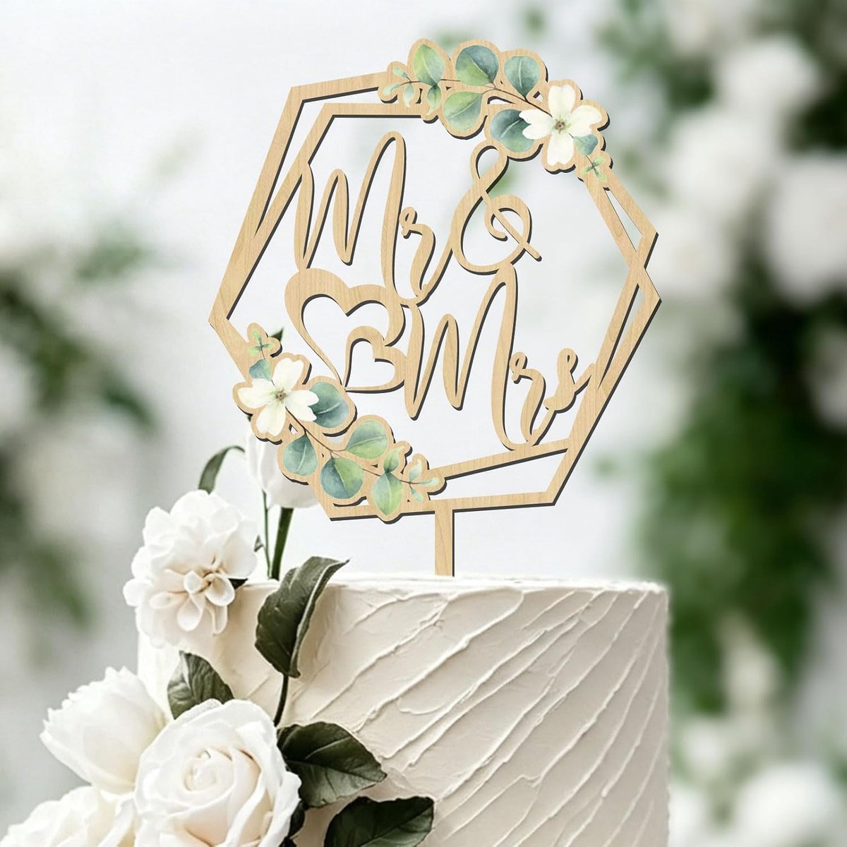 and Mrs Houten Bruidstaart Topper met groen blad, dubbele diamantvorm, Just Married Decoratie voor Verloving Jubileum Pre-wedding Feest