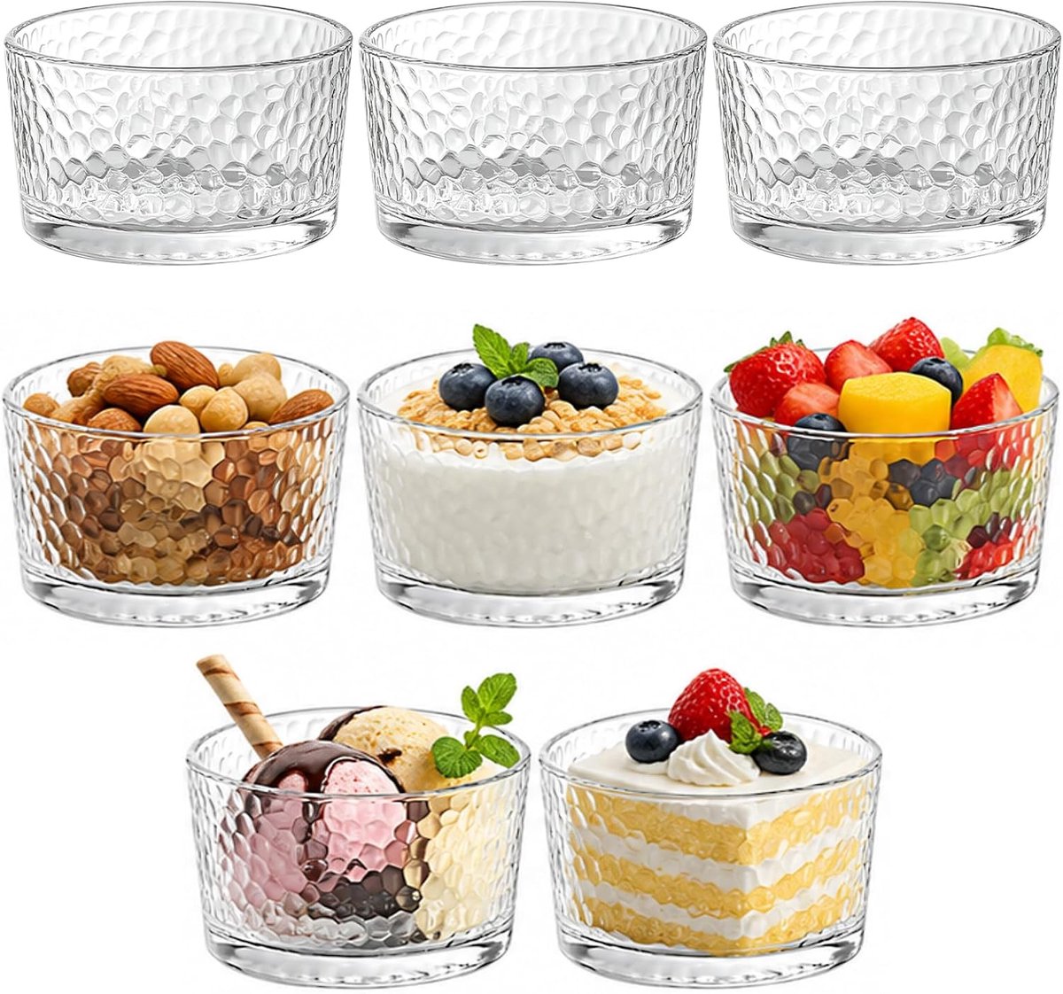 8 stuks dessertglazen set van glas, 200 ml kleine dessertschalen voor tiramisu, pudding, ijsbecher, yoghurt – transparant met hammerslag