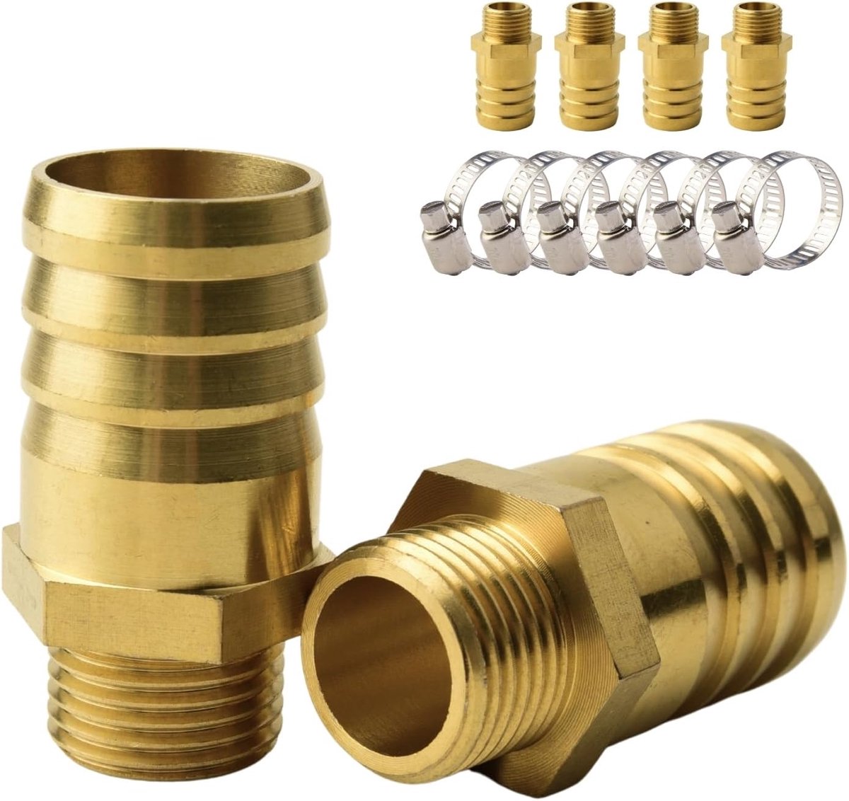 6 Delen Messing Barbaansluiting 25mm met Buitendraad G 1/2" | Voor brandstof, olie en industri毛le toepassingen | Inclusief 6 RVS Slangklemmen