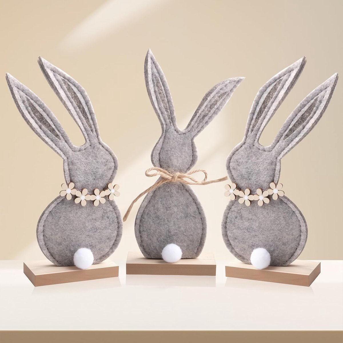 Bunny Decoration Felt, 3 stuks paashaas decoratieve staanders, paashaas figuren van hout en vilt, paasdecoratie om neer te zetten, paasdecoratie voor binnen, tafel, woonkamer en