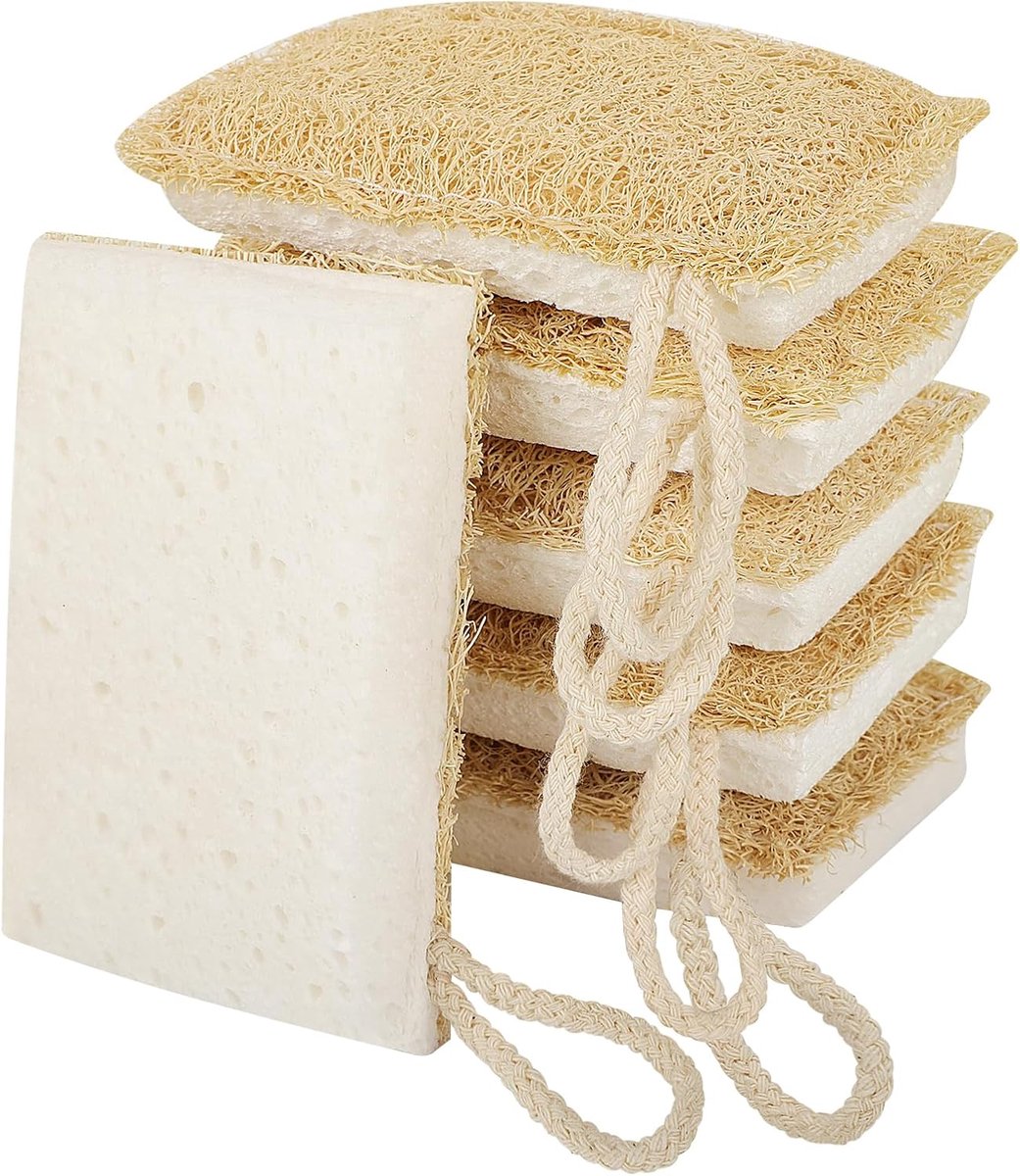 6 stuks, 100% natuurlijke spons, afwasmiddel, herbruikbaar, wasbaar, composteerbaar, loofah en cellulose, afneembaar, krasbestendig, dubbelzijdig