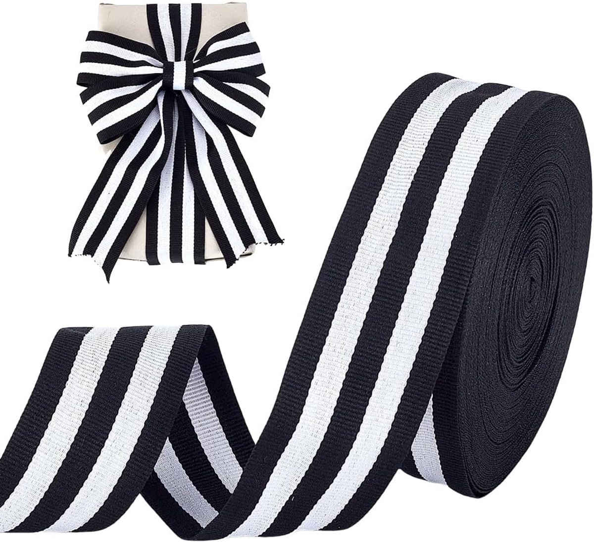18 m zwart-wit lint, 40 mm, ripsband, stoffen band met zwarte en witte strepen, draadbanden, knutselbanden met draad, voor Kerstmis, bruiloften, doe-het-zelf knutselen, geschenkverpakkingen