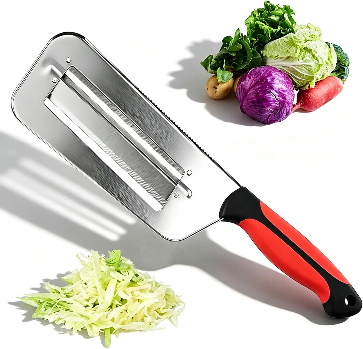 Koolschiller met 2 scherpe roestvrijstalen messen voor zuurkool en koolsalade, antislip multifunctionele handgroentesnijder voor kool, wortelen en fruit, rood