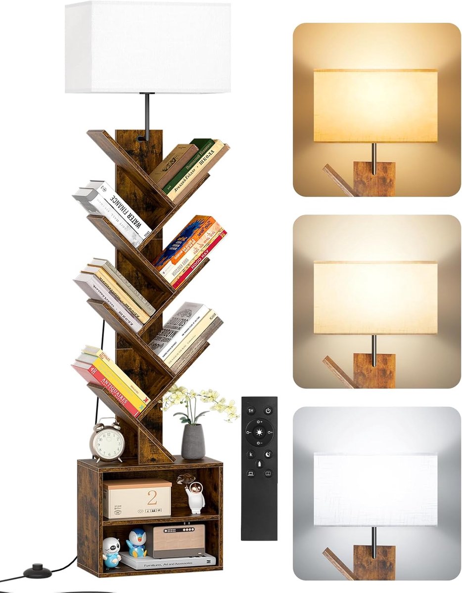 Boekenrek Boomvorm met Licht, 9 Niveaus Hoekrek met Afstandsbediening & Kastje – Compact Houten Rek voor Boeken, CD's & DVD's – Woonkamer, Slaapkamer, Kinderkamer(Rustic Brown)