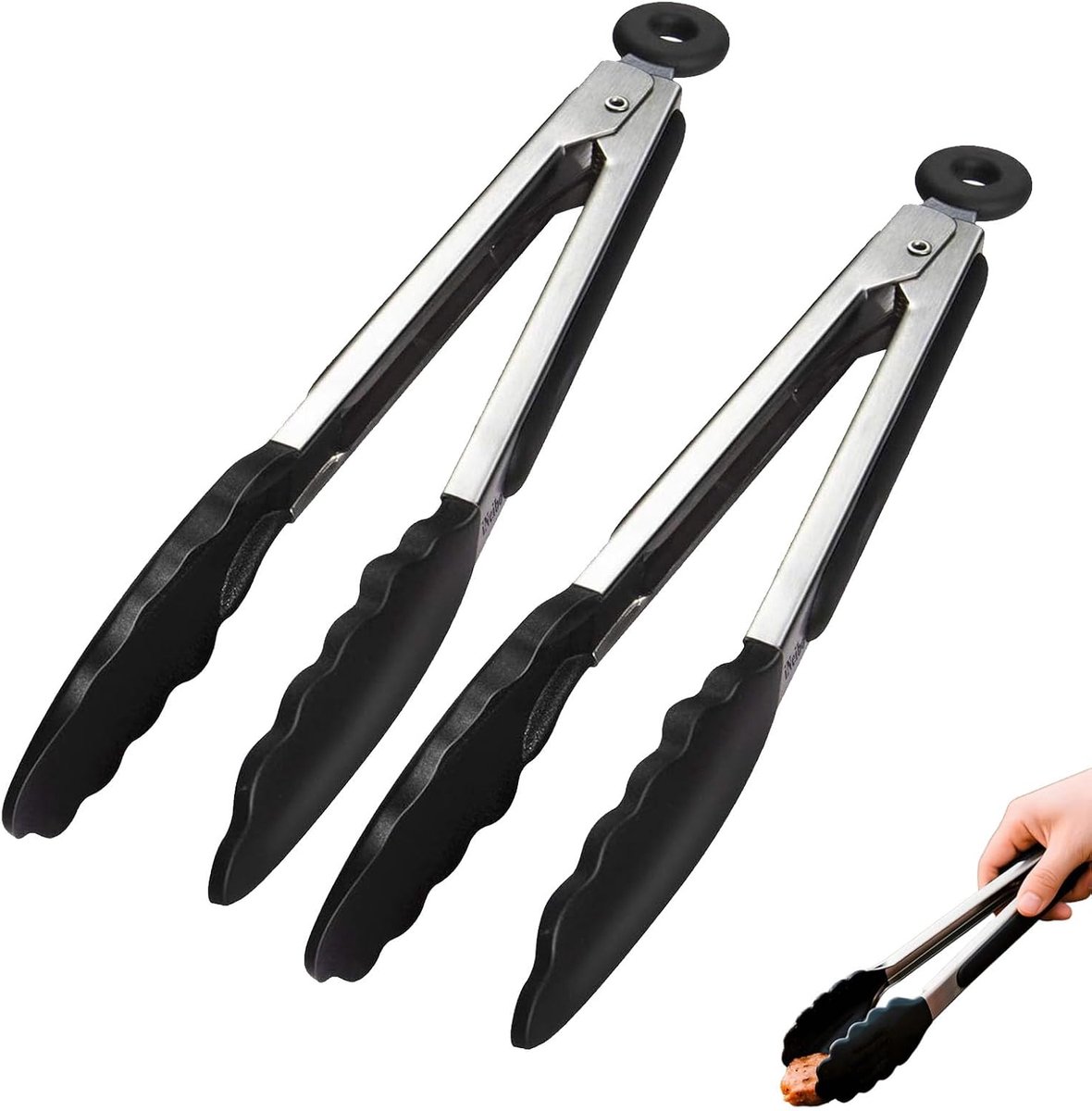 Set van 2 keukentangen, siliconen keukentang, keukentang | Keukentang van siliconen, voedseltang van roestvrij staal en siliconen en antislip handgreep, voor barbecue, airfryer