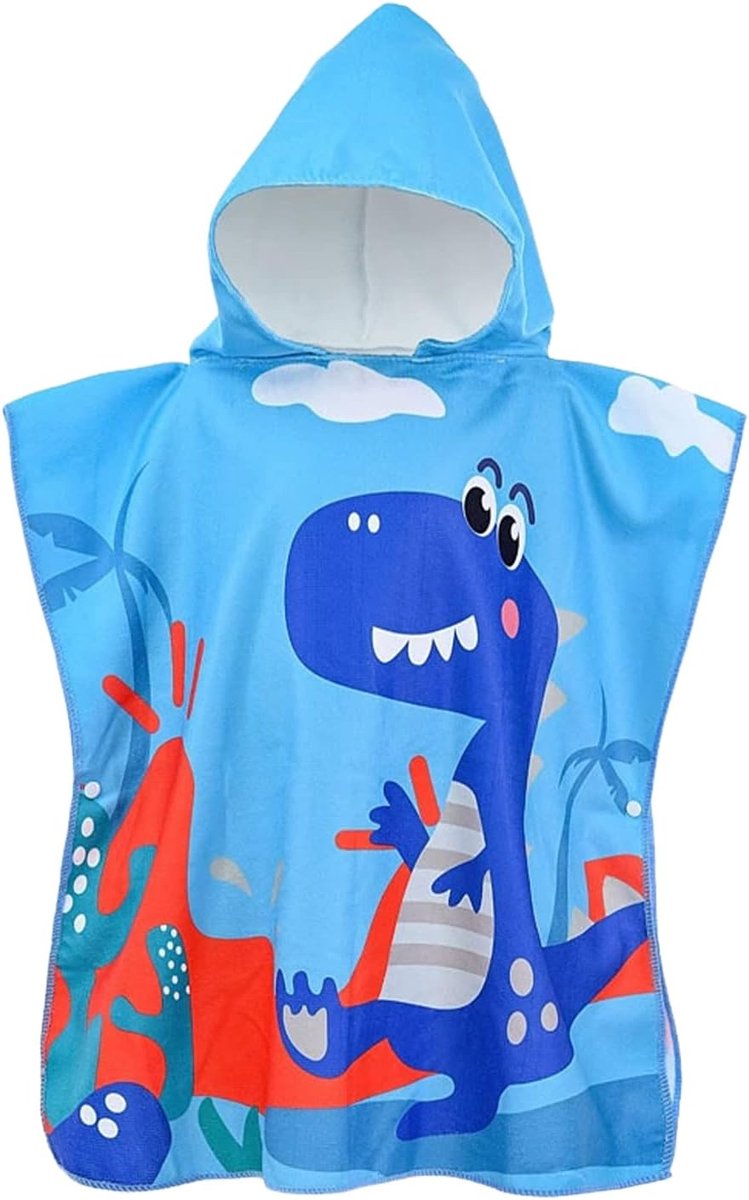 Badponcho voor kinderen met capuchon, dino-design, microvezel handdoek, poncho 60 x 120 cm, met trekkoord, zacht en absorberend, strandhanddoek, badhanddoek, badponcho, kinderen voor meisjes en