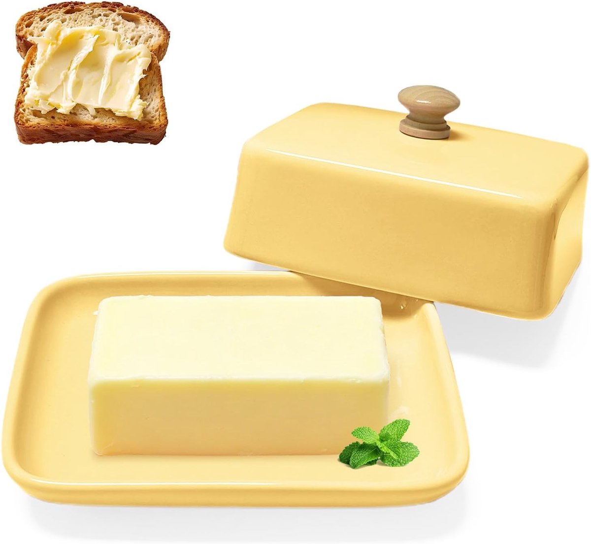 botervloot met deksel, 250 g, hooggebrande botervloot, porselein, stofbescherming en aromabescherming, botervloot voor vaatwasser, magnetron en oven (geel)