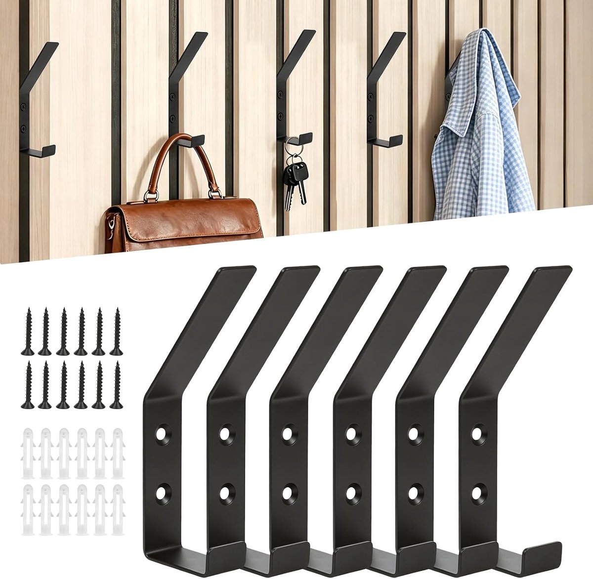6 stuks haken voor akoestische panelen, roestvrij staal, dubbele haak design, 20 mm | Garderobehaken, met schroeven en pluggen, zwart, waterdicht, sterk draagvermogen, voor garderobe, voor badkamer, hal