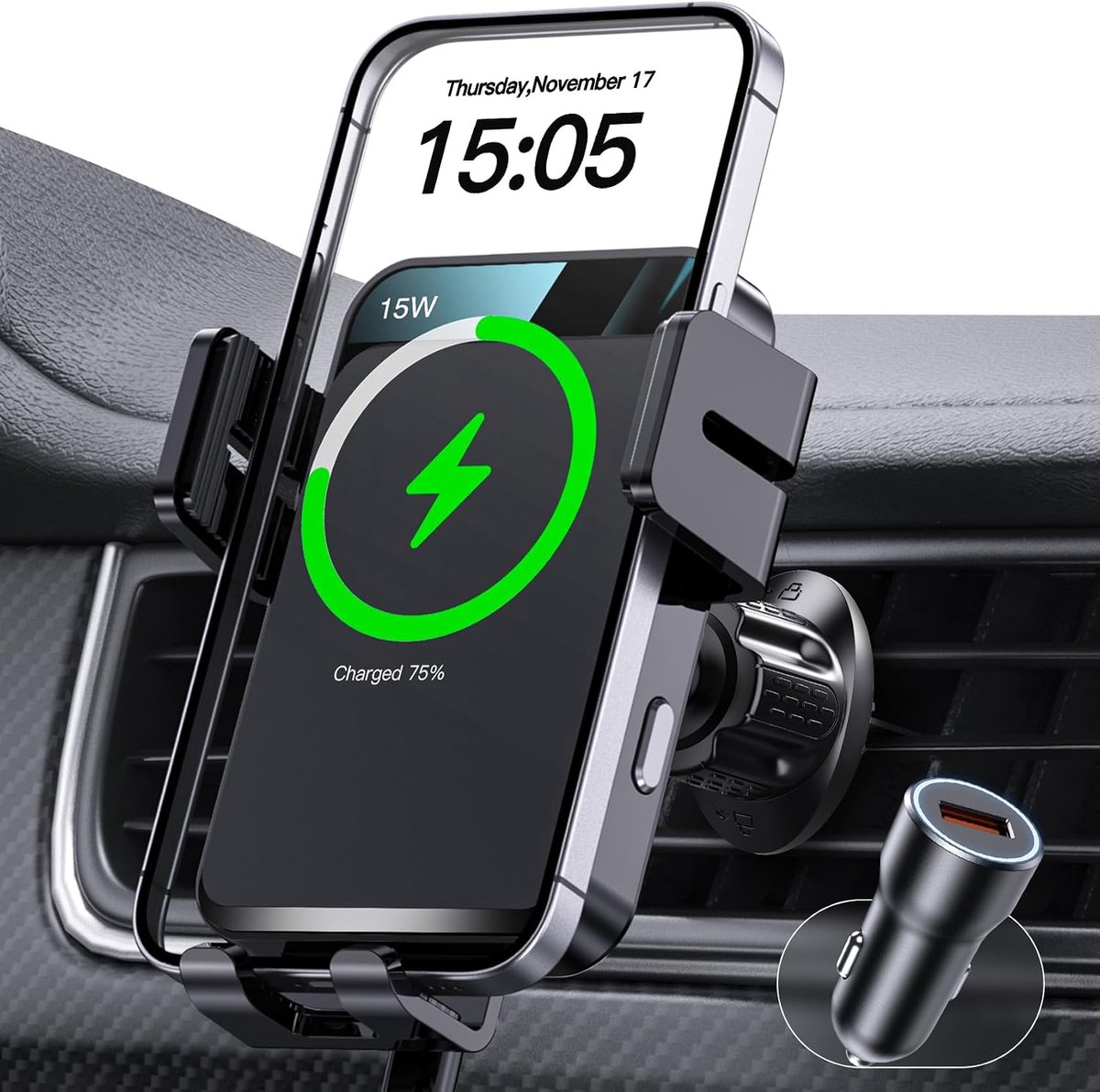 15 W telefoonhouder auto met oplaadfunctie | Mobiele telefoonhouder auto inductief opladen met 18W autolader voor iPhone Samsung Huawei LG Xiaomi enz. (donkergrijs)