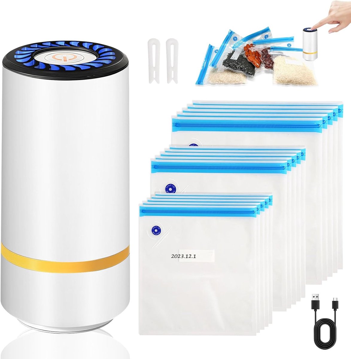 mini-vacuümsealer klein, vacuümsealer voor levensmiddelen met 15 herbruikbare vacuümzakken, USB-handvacuümmachine, oplaadbaar voor droge of vochtige levensmiddelen