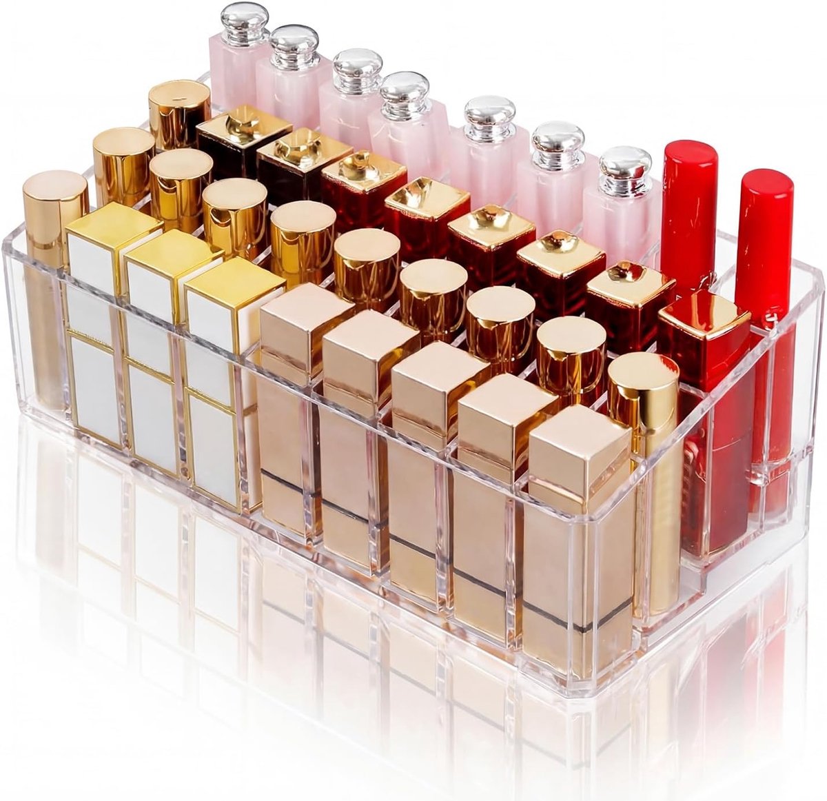 Lipstick met 36 vakken, acryl opbergdoos, glanzend, transparant, cosmetische opslag voor lippenstift, make-upkwasten (24,5 x 11 cm)